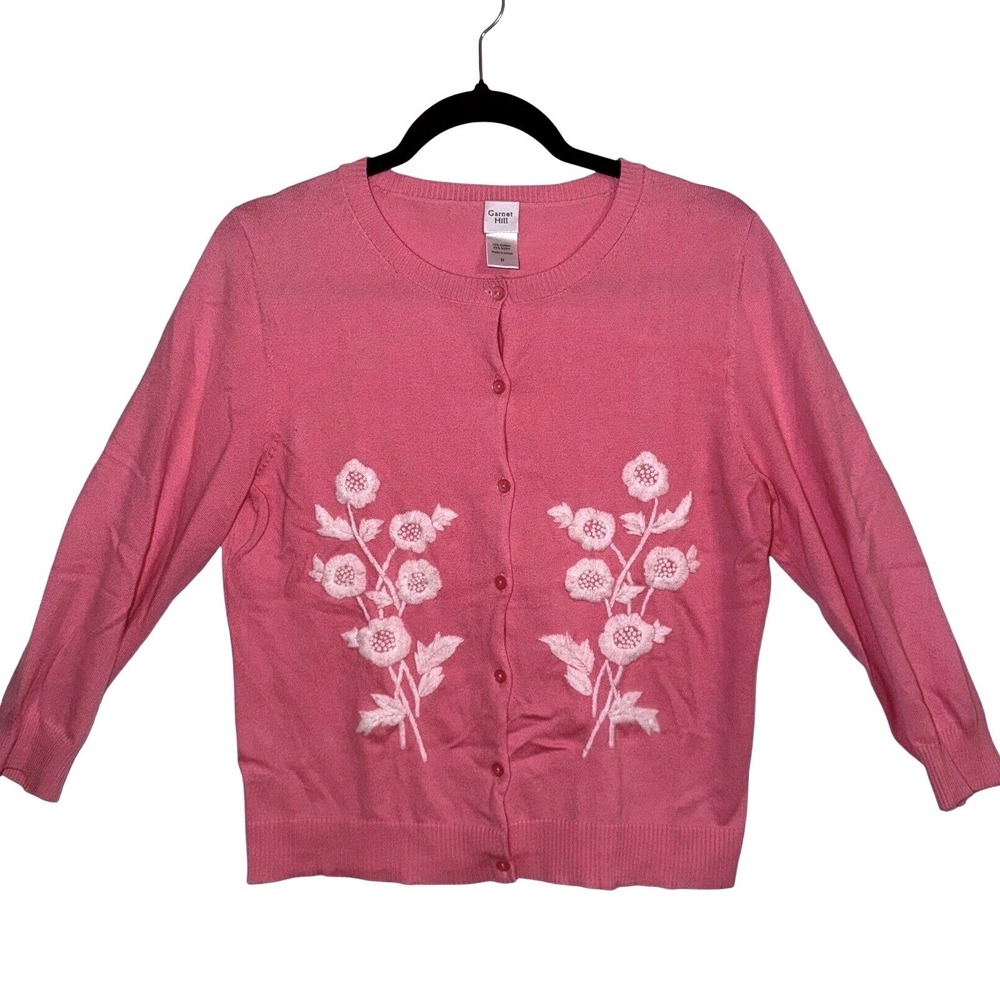 Twee Coquette Barbiecore Floral Embroidered 3/4 Sleeve Button Front Pink Medium